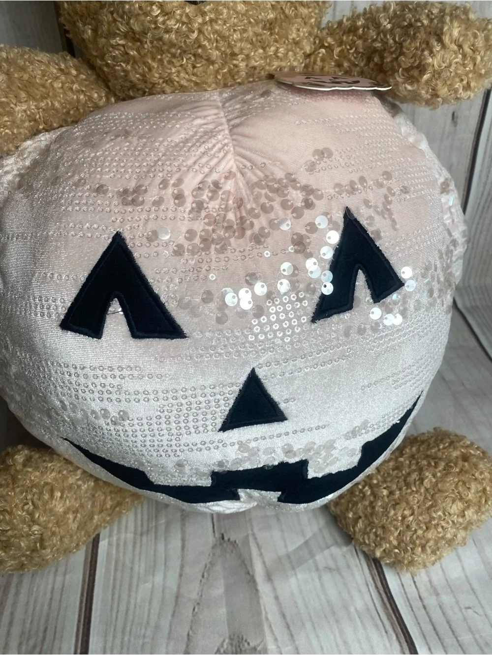 Viral Plush Bear with Pink Sequin Halloween Pumpkin pillow NWT